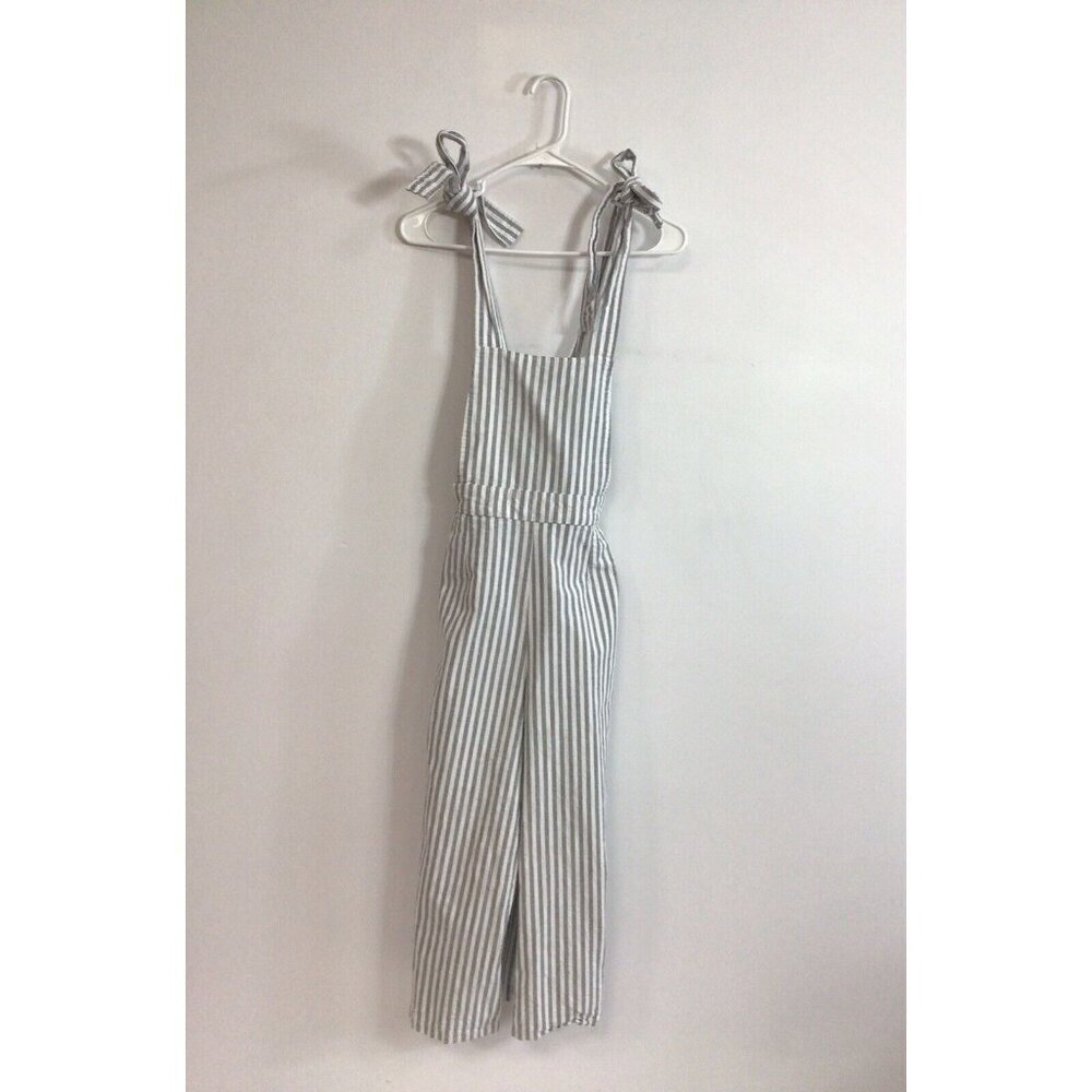 Forever 21 White and Gray Striped Tie-Shoulder Jumpsuit